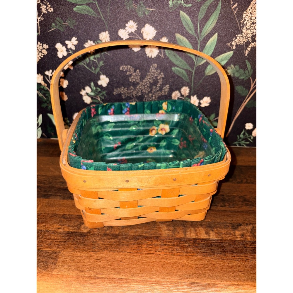 Longaberger 1994 Handwoven Basket with Floral Liner and Plastic Protector Small